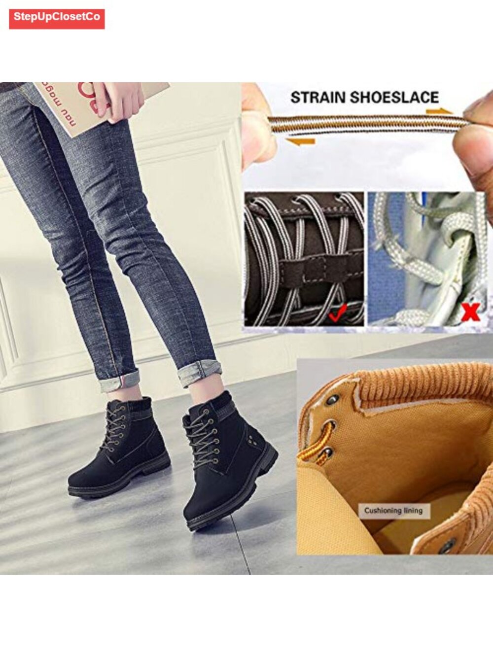 Women's Waterproof Lace-Up Hiking Combat Ankle Boots Low Heel Memory Foam - Picture 4 of 6